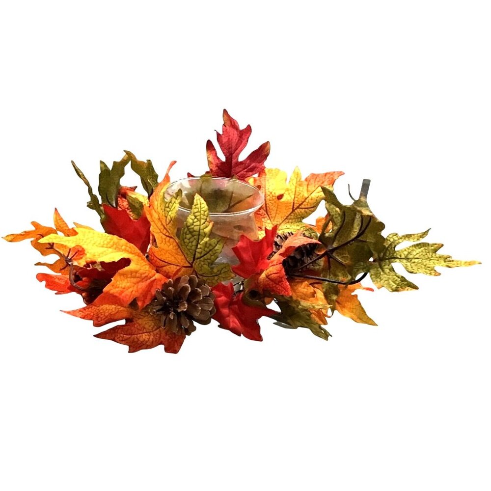 THANKSGIVING MAPLE LEAF ARRANGEMENT WITH CENTER GLASS VASE CANDLE HOLDER